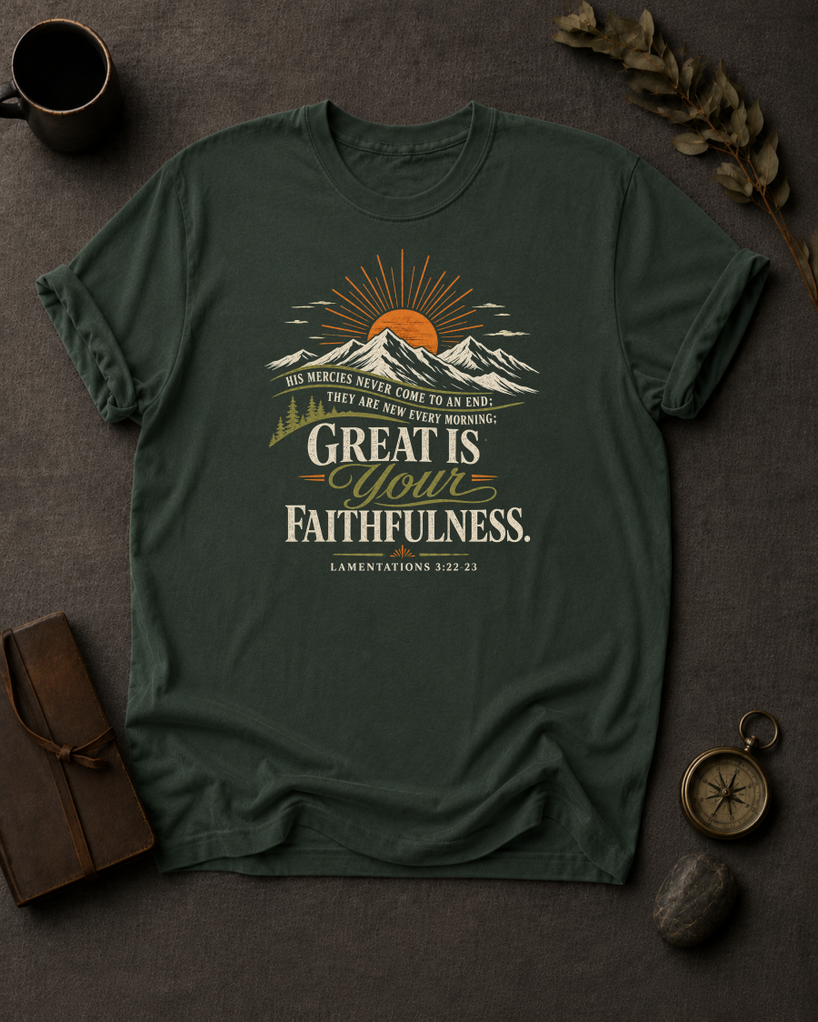 moss Comfort Colors t-shirt with sunrise mountain design and Lamentations 3:22-23 — 'Great is your faithfulness