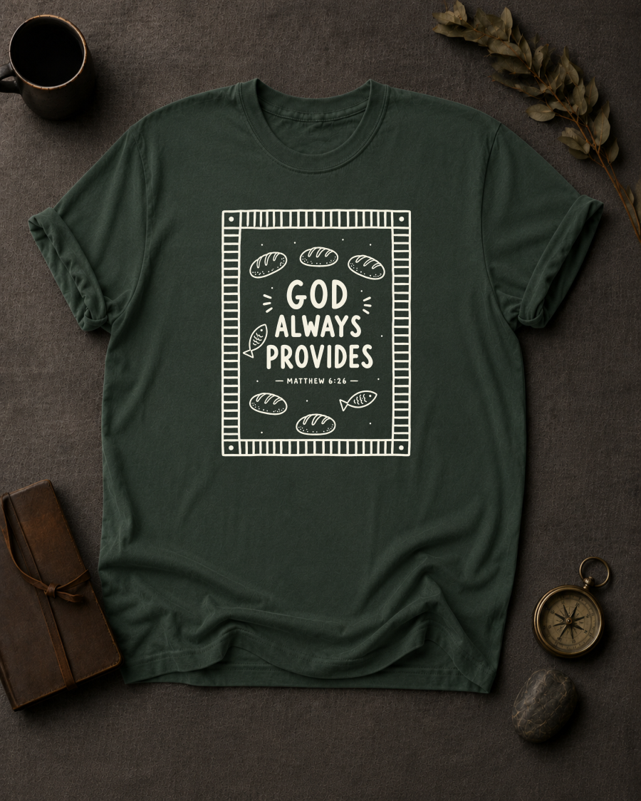 moss Comfort Colors t-shirt with bread and fish bordered design and Matthew 6:26 — 'God Always Provides'