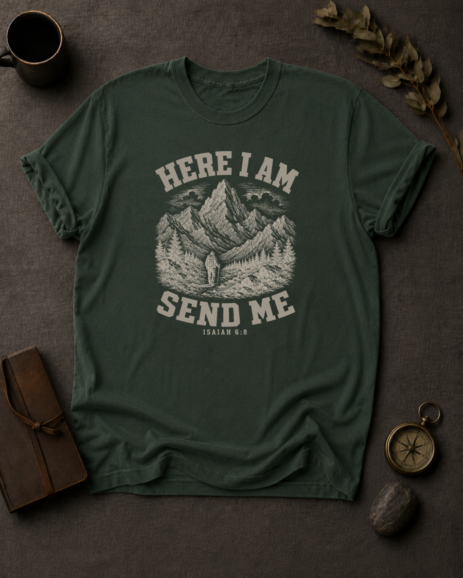 Moss Comfort Colors t-shirt with 'Here I Am Send Me' Christian design, Isaiah 6:8