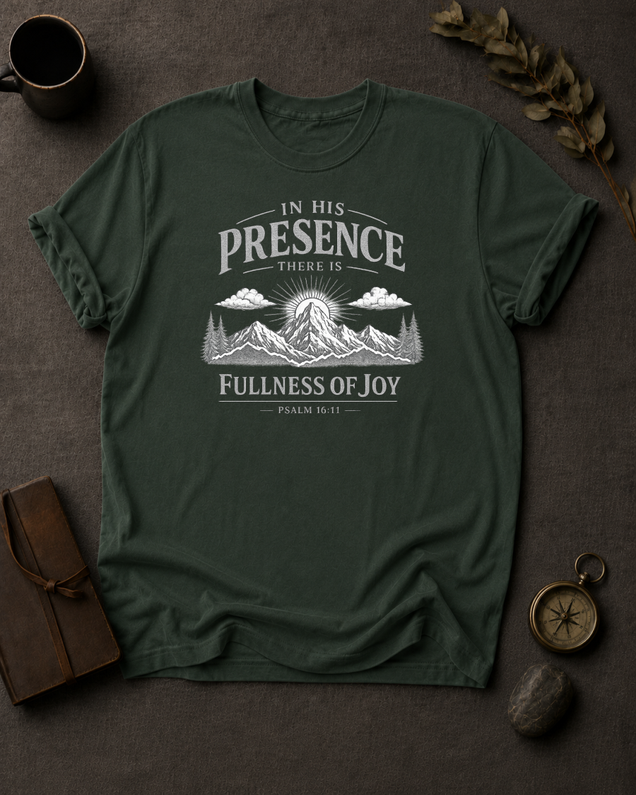In His Presence Fullness of Joy Christian t-shirt in Moss – Psalm 16:11 back print design | To His Glory Club