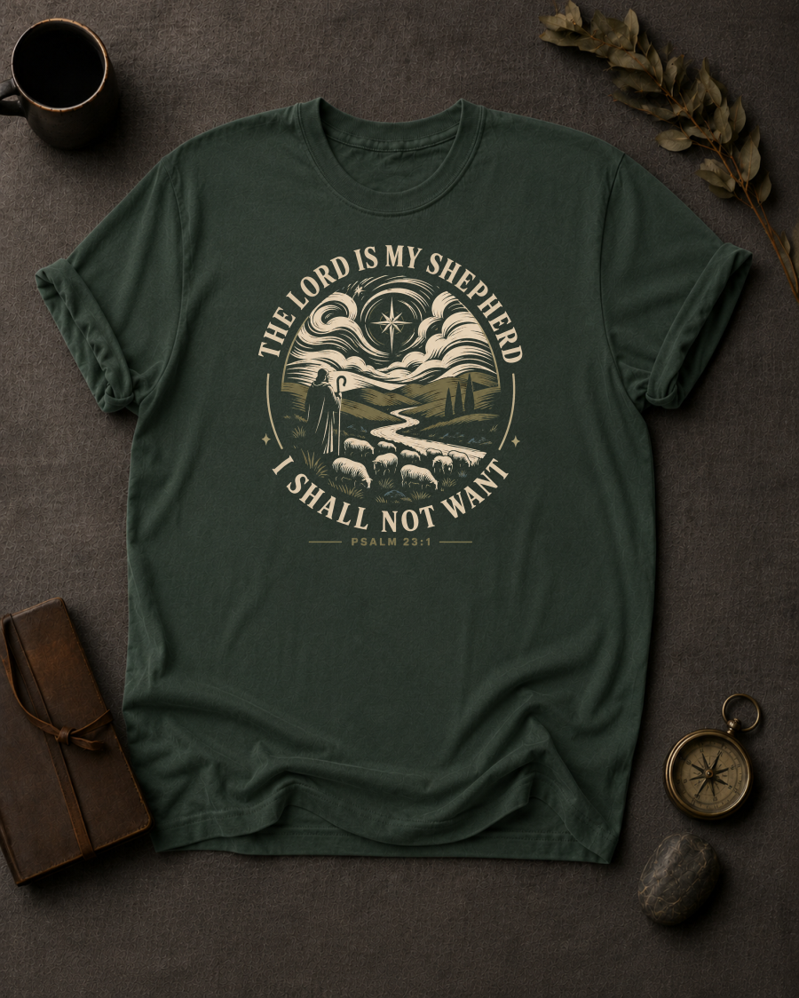 moss omfort Colors t-shirt with "The Lord Is My Shepherd I Shall Not Want" Psalm 23:1 shepherd and flock illustration in Bay colorway, styled with coffee mug, compass, and leather journal