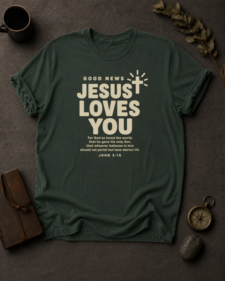 moss Comfort Colors t-shirt with cross graphic reading 'Good News, Jesus Loves You' and John 3:16 verse"