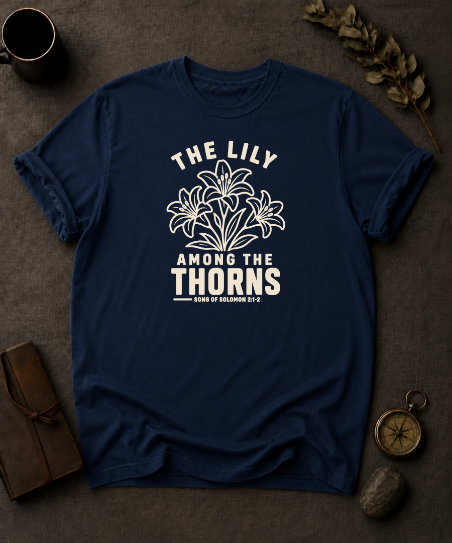 navy Comfort Colors t-shirt with "The Lily Among the Thorns" Song of Solomon 2:1-2 lily flower design in Bay colorway, styled with coffee mug, compass, and leather journal