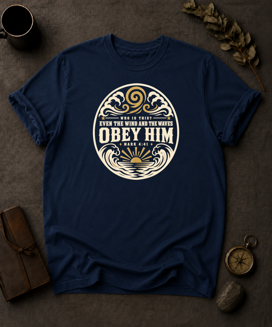 navy Comfort Colors t-shirt with wave and sunrise design reading 'Who Is This? Even the Wind and the Waves Obey Him, Mark 4:41'