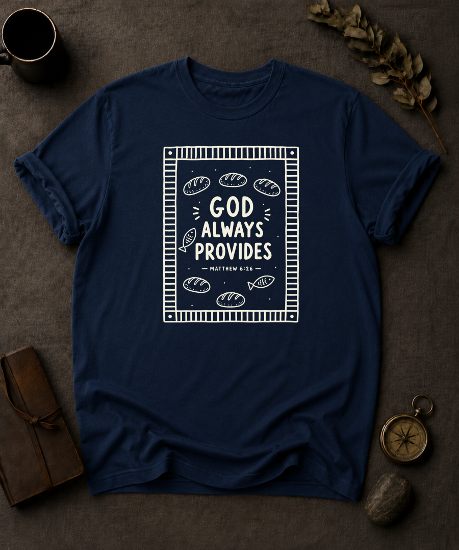 navy Comfort Colors t-shirt with bread and fish bordered design and Matthew 6:26 — 'God Always Provides'
