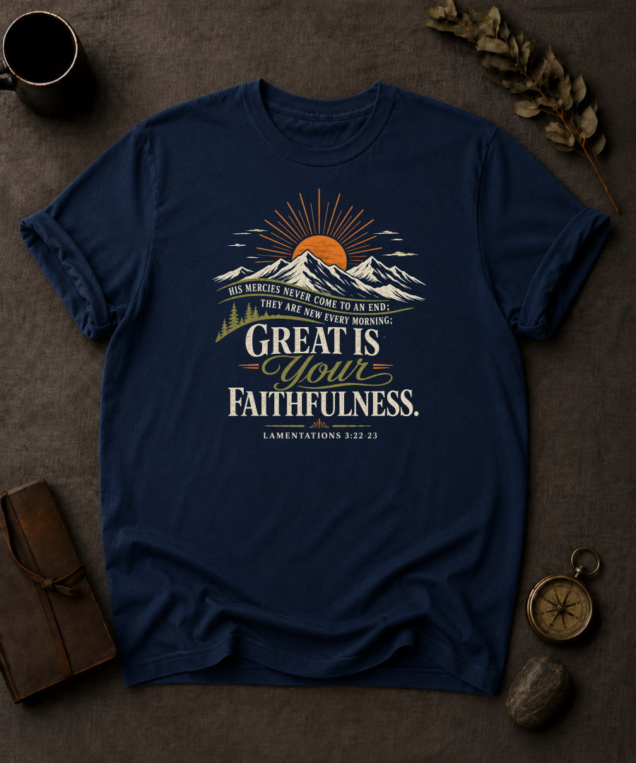 navy Comfort Colors t-shirt with sunrise mountain design and Lamentations 3:22-23 — 'Great is your faithfulness