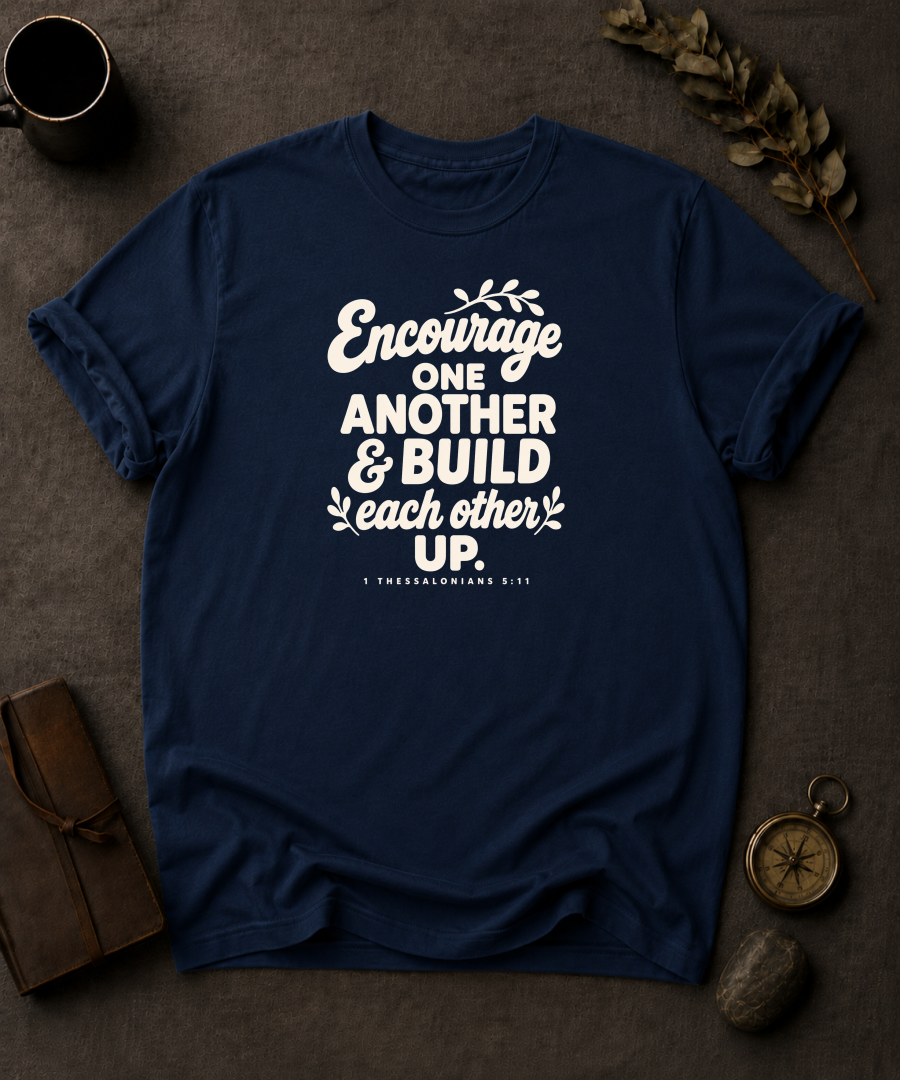 navy Comfort Colors t-shirt with hand-lettered "Encourage One Another & Build Each Other Up" 1 Thessalonians 5:11 design in Bay colorway, styled with coffee mug, compass, and leather journal