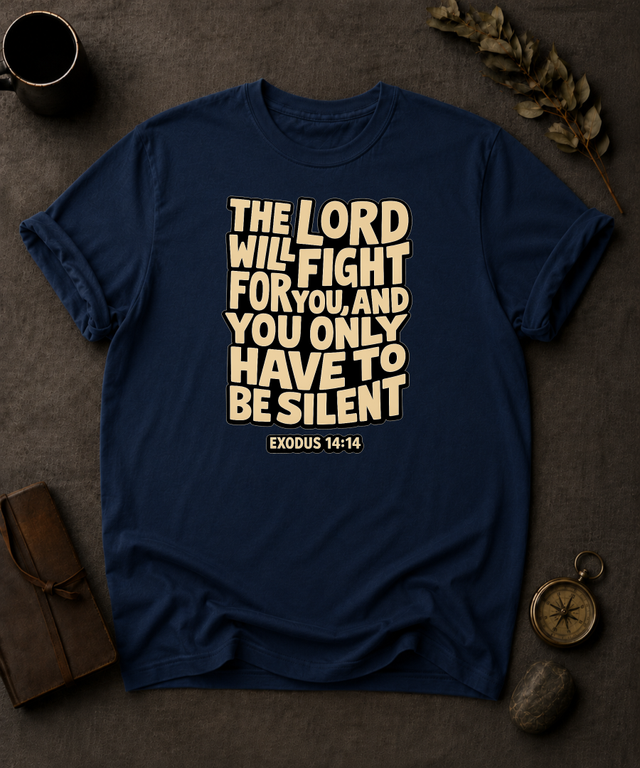Navy Comfort Colors t-shirt with 'The Lord Will Fight for You' Christian design, Exodus 14:14