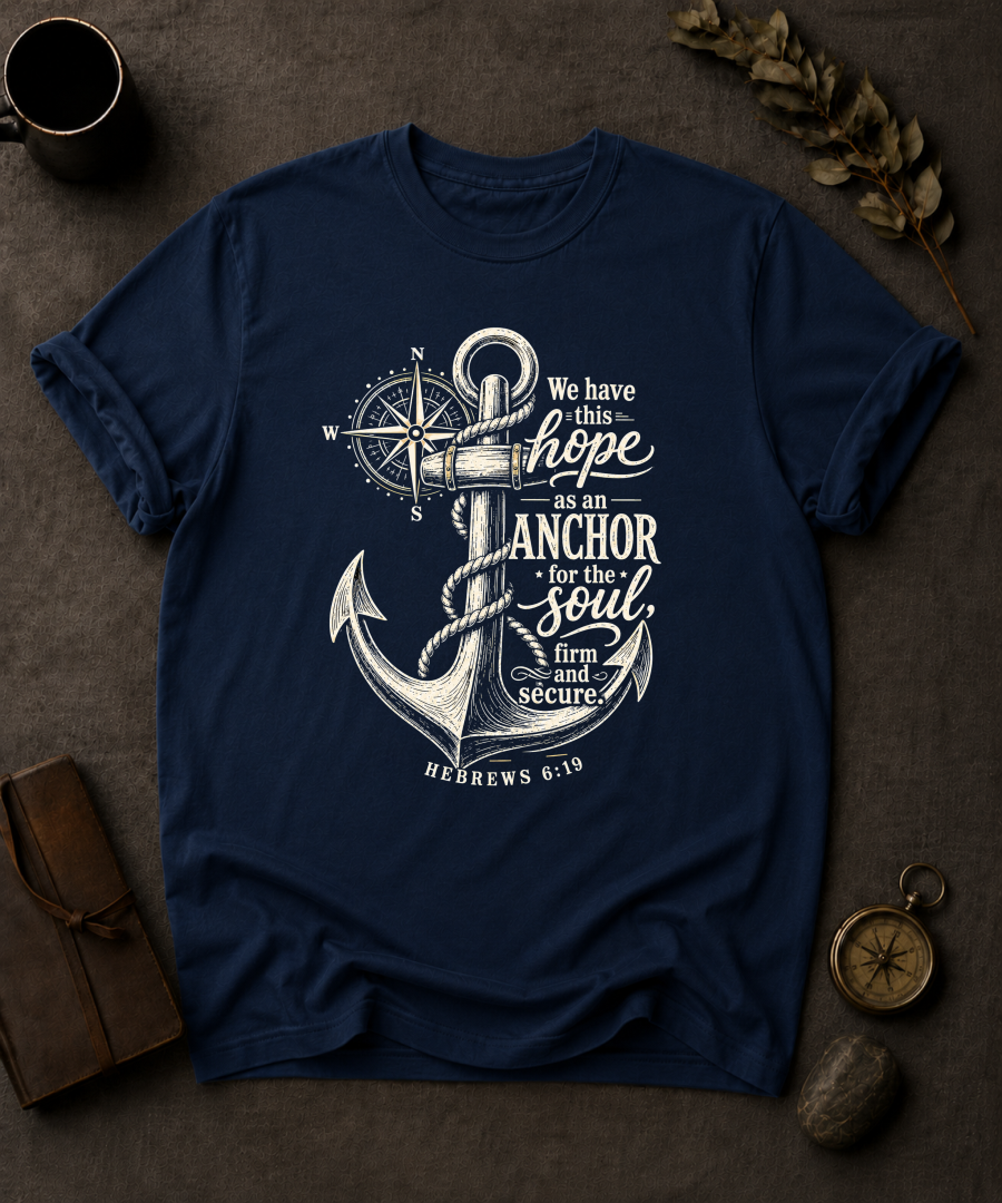 navy Comfort Colors t-shirt with navy anchor and compass design, Hebrews 6:19 — 'We have this hope as an anchor for the soul'