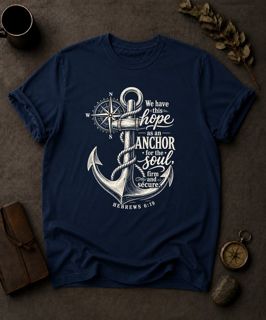 navy Comfort Colors t-shirt with navy anchor and compass design, Hebrews 6:19 — 'We have this hope as an anchor for the soul'