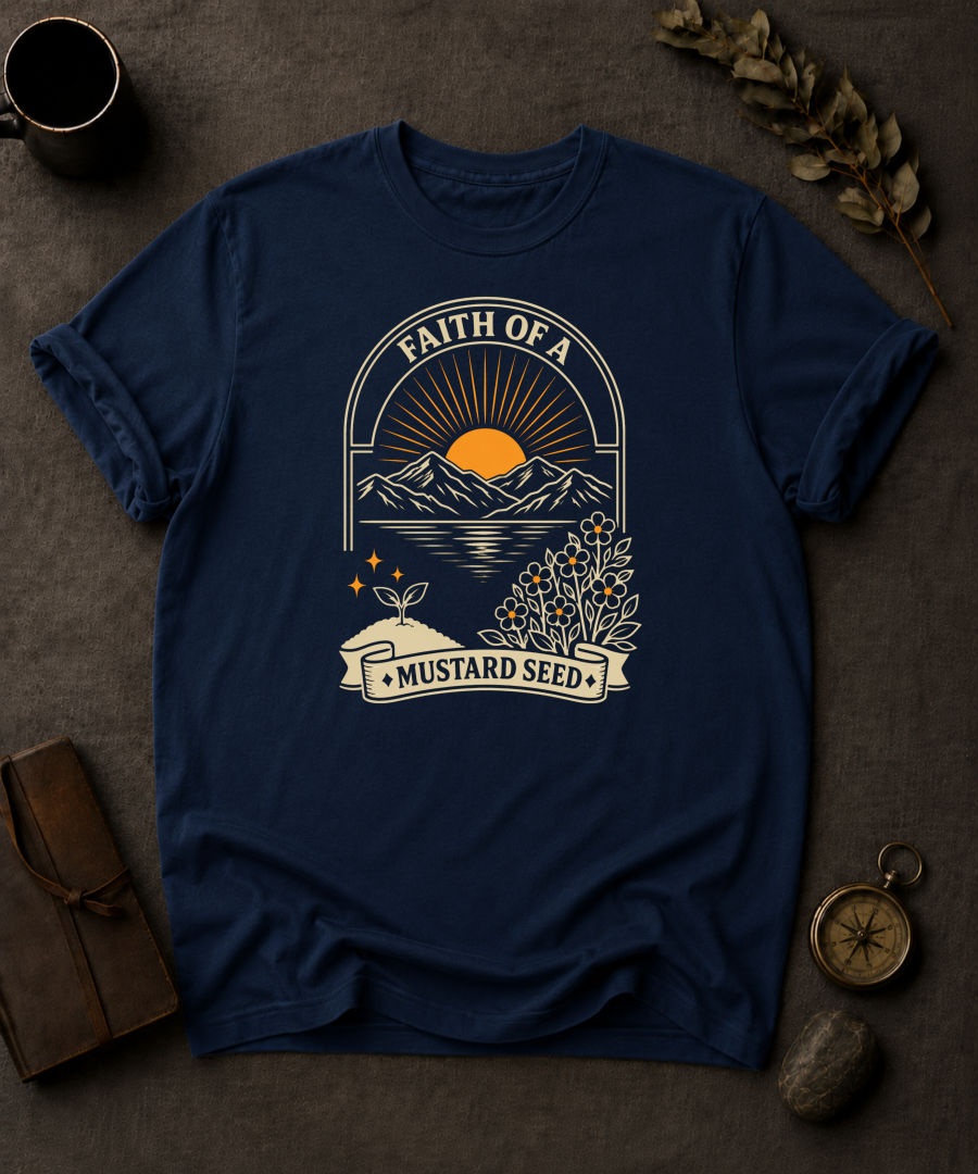 Faith of a Mustard Seed Christian t-shirt in Navy – Matthew 17:20 back print design | To His Glory Club