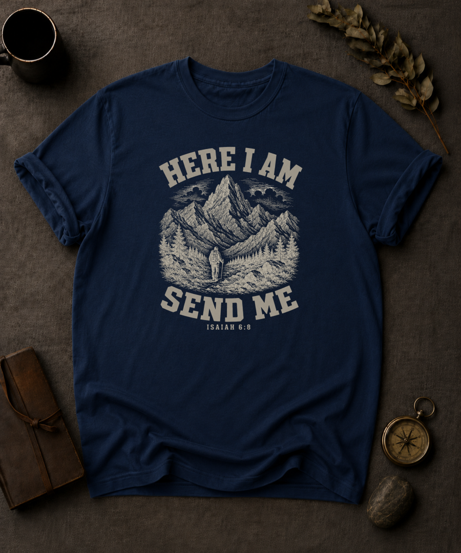Navy Comfort Colors t-shirt with 'Here I Am Send Me' Christian design, Isaiah 6:8