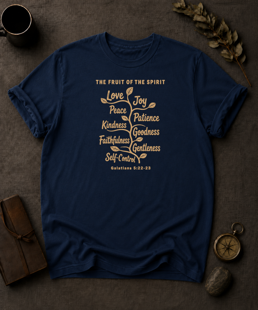 navy Comfort Colors t-shirt with vine illustration listing the Fruit of the Spirit — love, joy, peace, patience, kindness, goodness, faithfulness, gentleness, self-control — Galatians 5:22-23"
