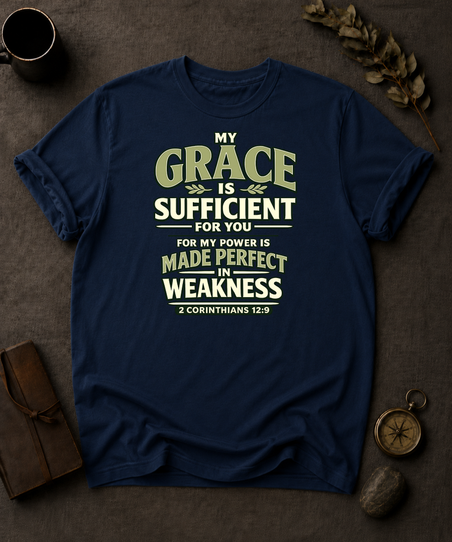 Navy Comfort Colors t-shirt with 'My Grace Is Sufficient' Christian design, 2 Corinthians 12:9