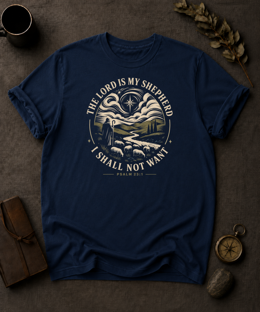 navy omfort Colors t-shirt with "The Lord Is My Shepherd I Shall Not Want" Psalm 23:1 shepherd and flock illustration in Bay colorway, styled with coffee mug, compass, and leather journal