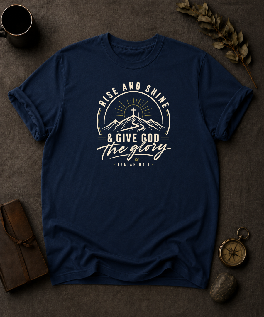bay Comfort Colors t-shirt with "Rise and Shine & Give God the Glory" Isaiah 60:1 mountain sunrise cross design in Bay colorway, styled with coffee mug, compass, and leather journal
