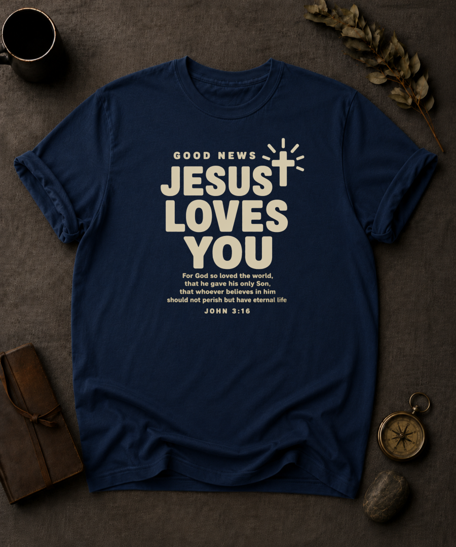 navy Comfort Colors t-shirt with cross graphic reading 'Good News, Jesus Loves You' and John 3:16 verse"