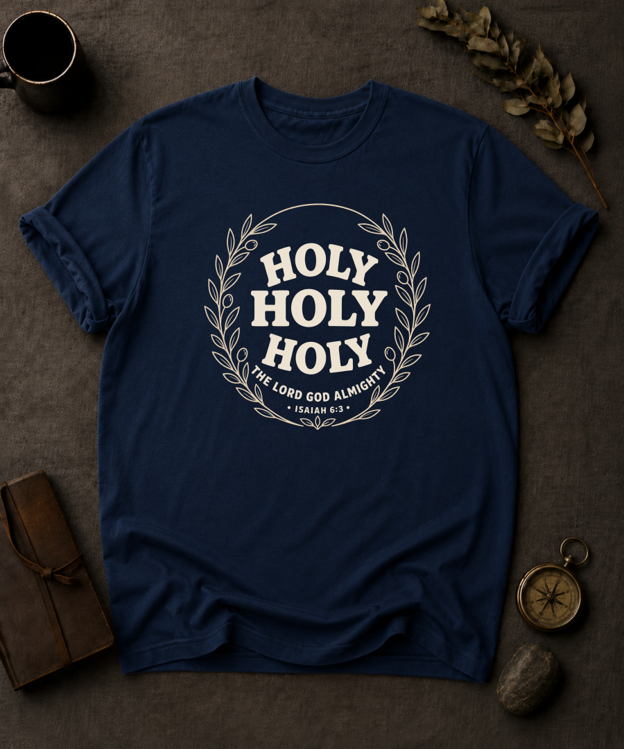 navy Comfort Colors t-shirt with "Holy Holy Holy" Isaiah 6:3 wreath