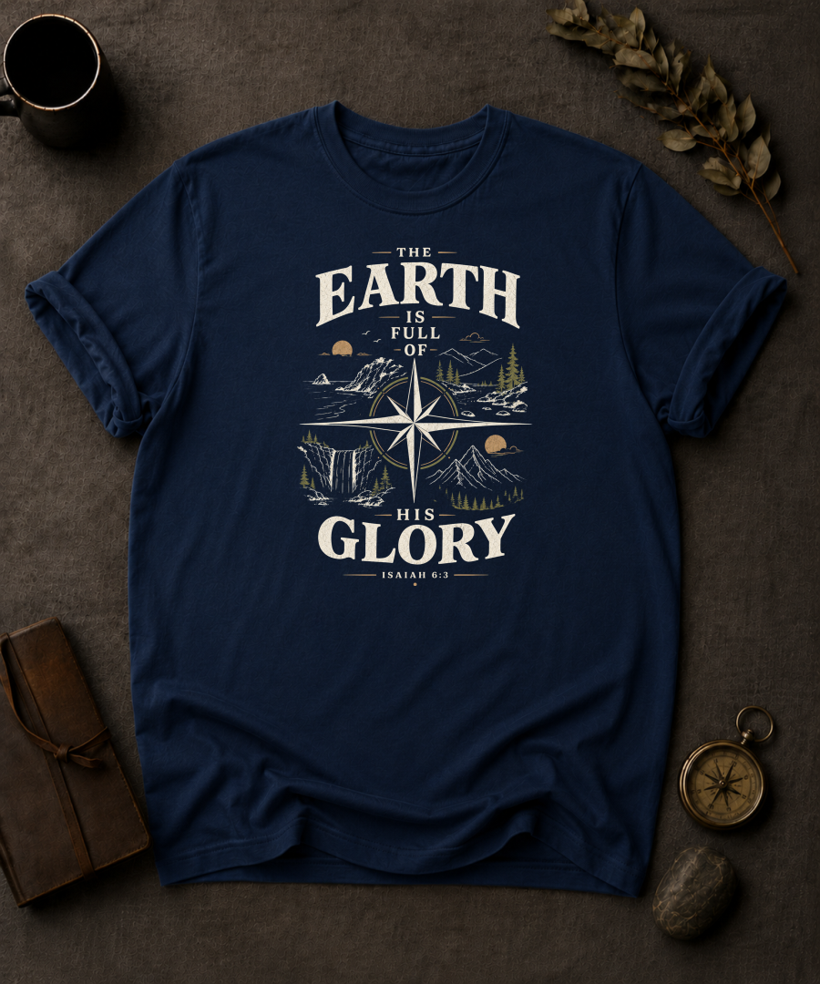 navy Comfort Colors t-shirt with "The Earth Is Full of His Glory" Isaiah 6:3 compass rose landscape design in Bay colorway, styled with coffee mug, compass, and leather journal