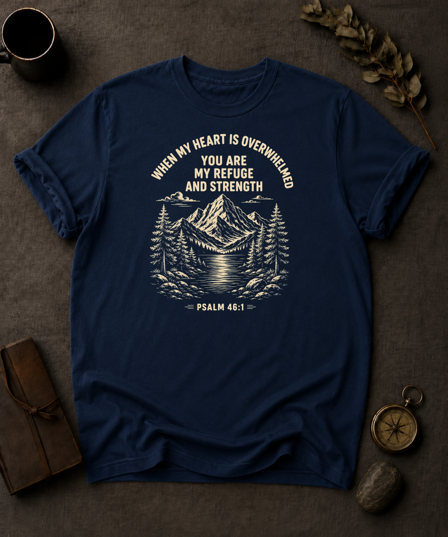 Navy Comfort Colors t-shirt with 'You Are My Refuge and Strength' Christian design, Psalm 46:1