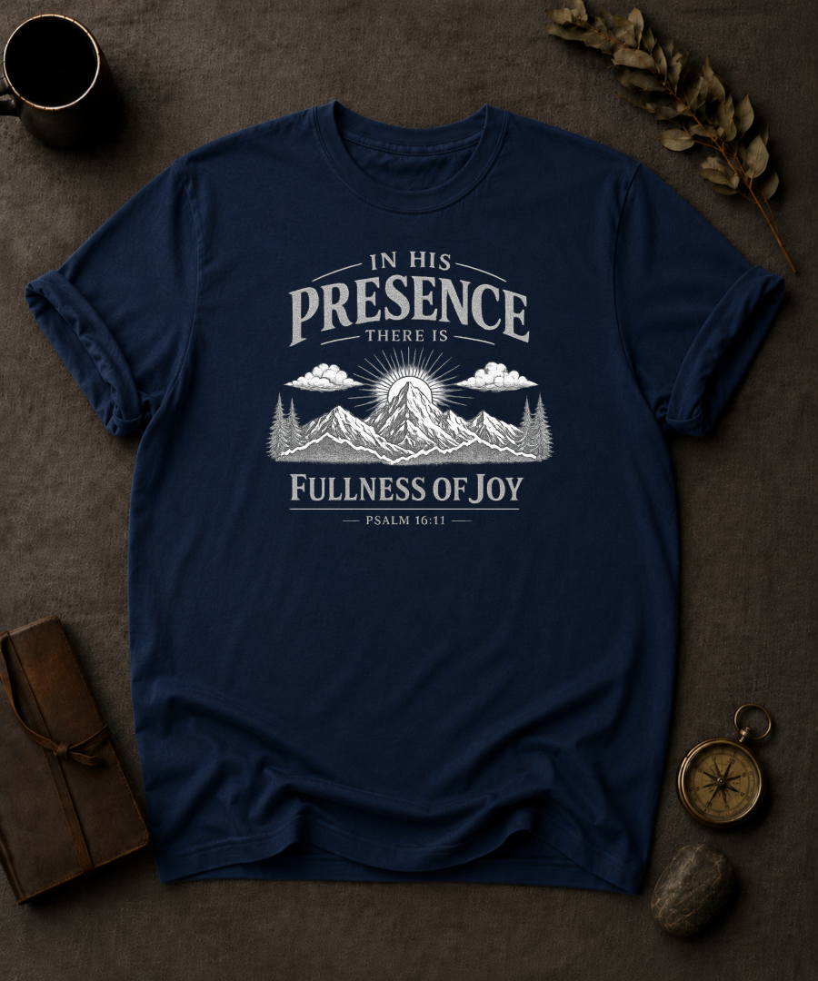 In His Presence Fullness of Joy Christian t-shirt in Navy – Psalm 16:11 back print design | To His Glory Club
