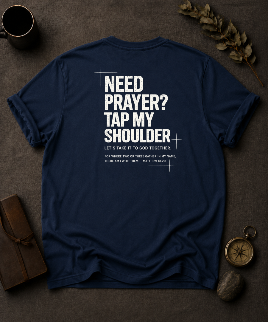 Navy Comfort Colors t-shirt with 'Need Prayer?' Christian design, Matthew 18:20