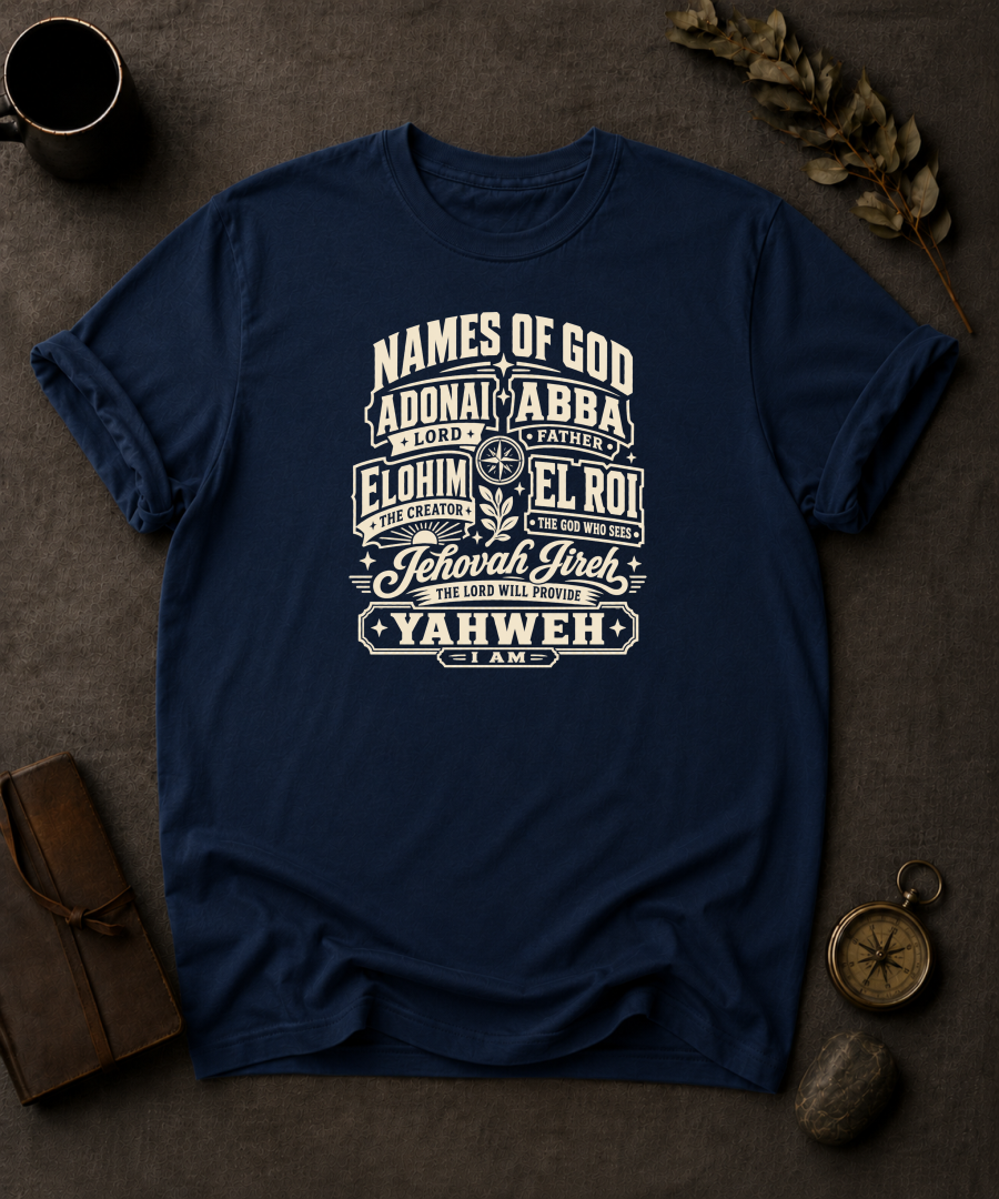 navy Comfort Colors t-shirt with vintage badge design listing the Names of God — Adonai, Abba, Elohim, El Roi, Jehovah Jireh, Yahweh"