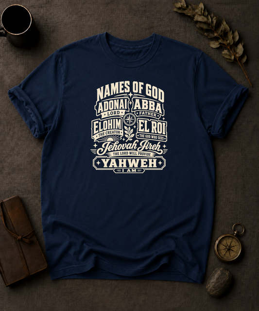 navy Comfort Colors t-shirt with vintage badge design listing the Names of God — Adonai, Abba, Elohim, El Roi, Jehovah Jireh, Yahweh"