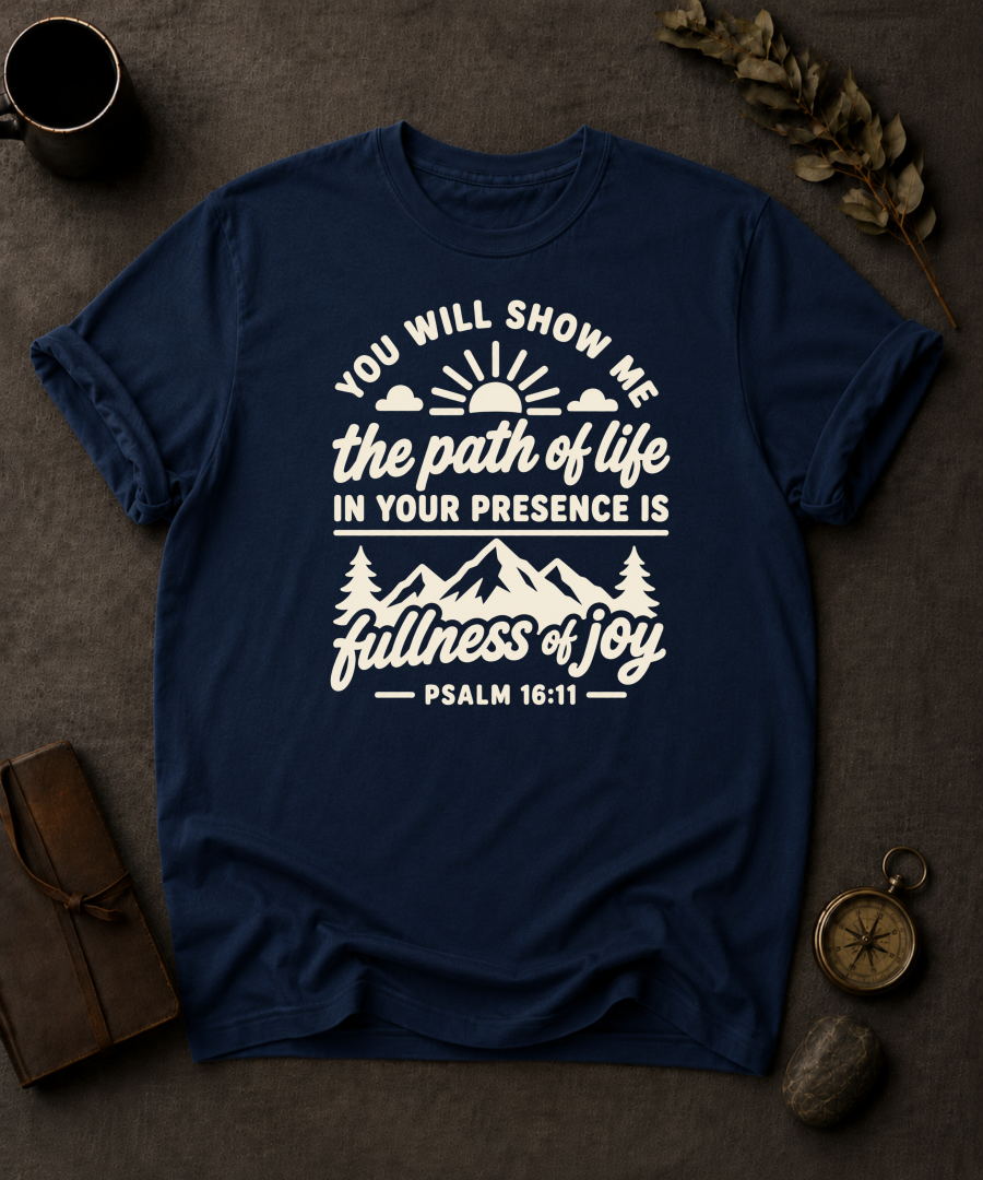 navy Comfort Colors t-shirt with sunrise mountain design and Psalm 16:11 — 'You will show me the path of life, fullness of joy