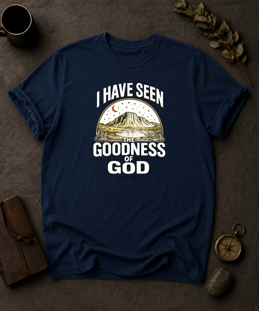 Navy Comfort Colors t-shirt with 'I Have Seen the Goodness of God' Christian design, Psalm 34:8