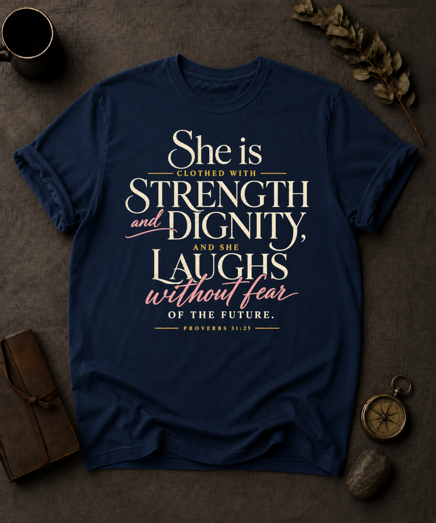 Proverbs 31:25 (She Is Clothed) Christian T-Shirt in Navy - Comfort Colors 1717