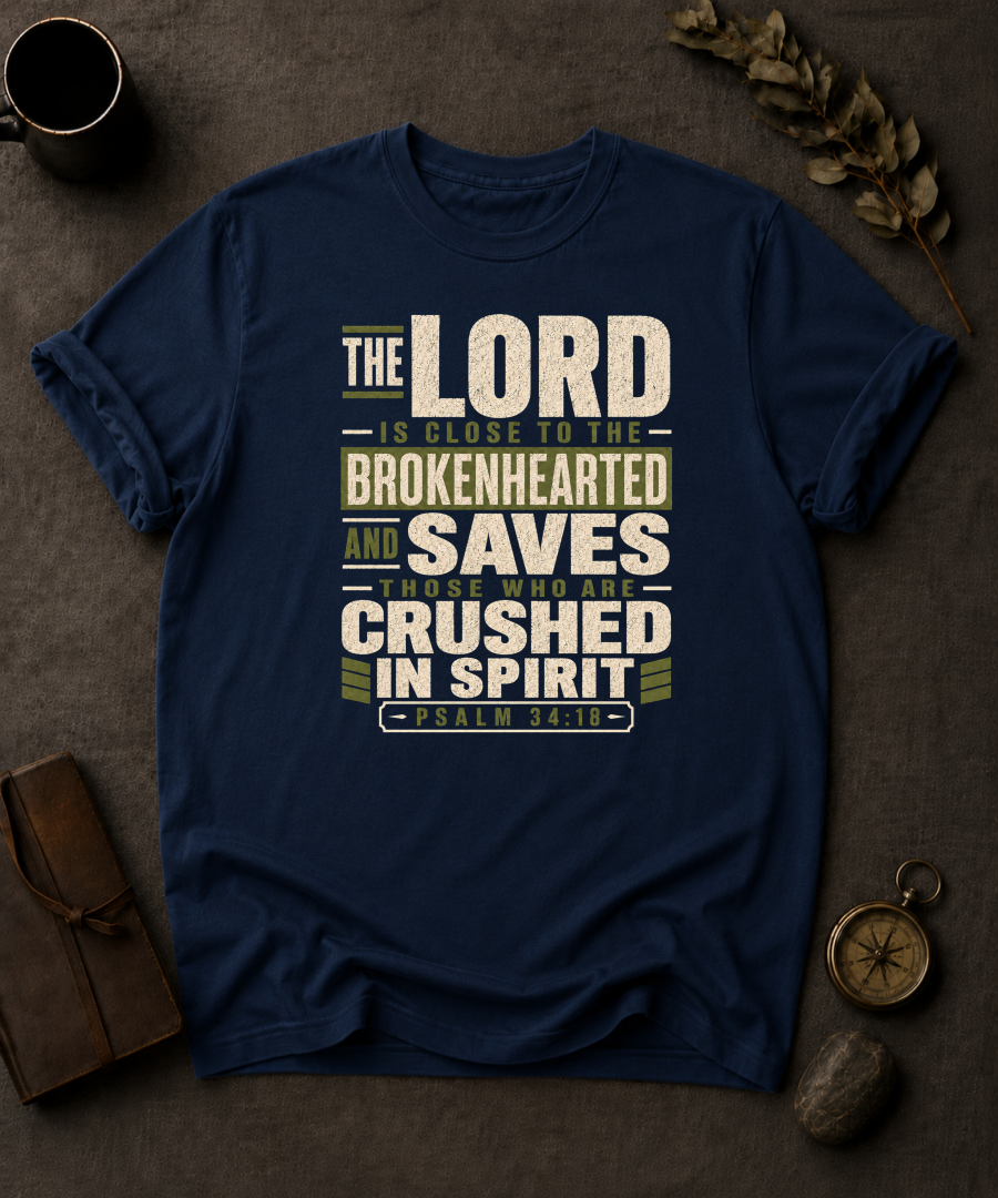navy Comfort Colors t-shirt with navy and olive Psalm 34:18 typography design — 'The Lord is close to the brokenhearted'"