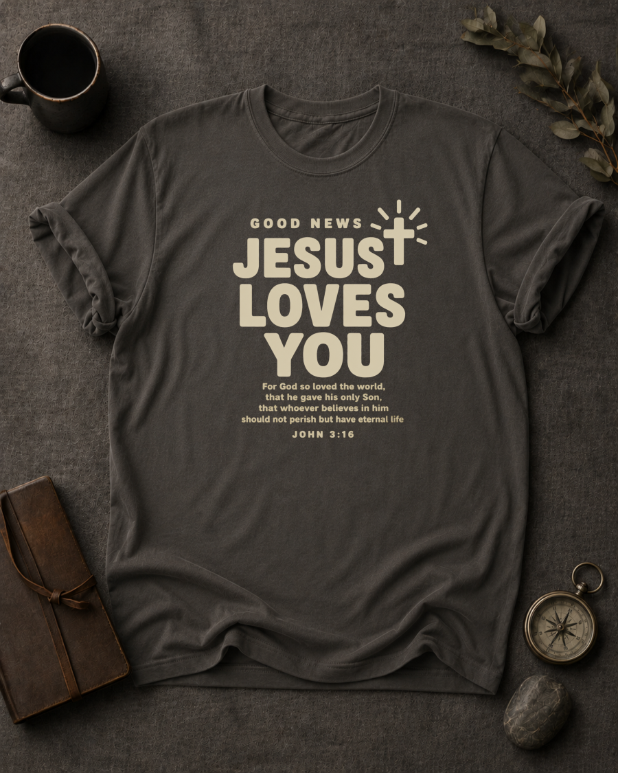 pepper Comfort Colors t-shirt with cross graphic reading 'Good News, Jesus Loves You' and John 3:16 verse"