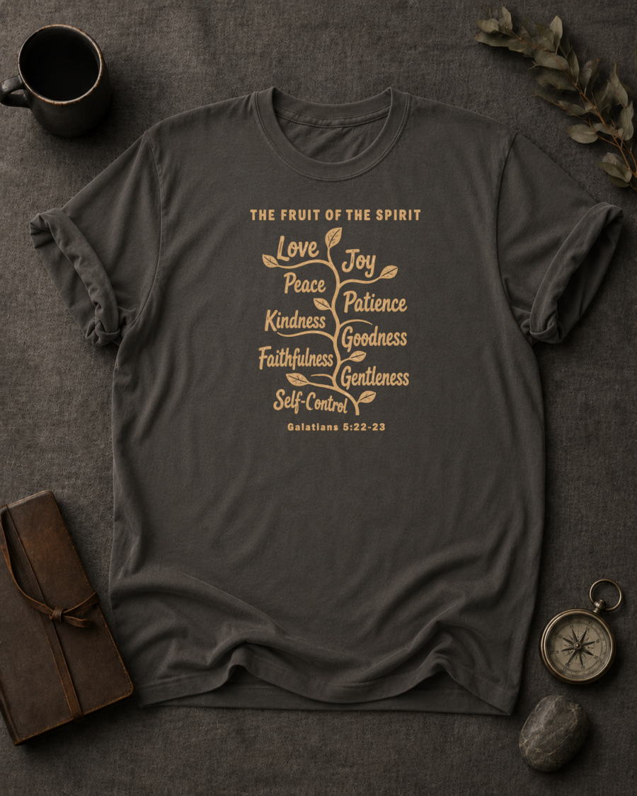 pepper Comfort Colors t-shirt with vine illustration listing the Fruit of the Spirit — love, joy, peace, patience, kindness, goodness, faithfulness, gentleness, self-control — Galatians 5:22-23"