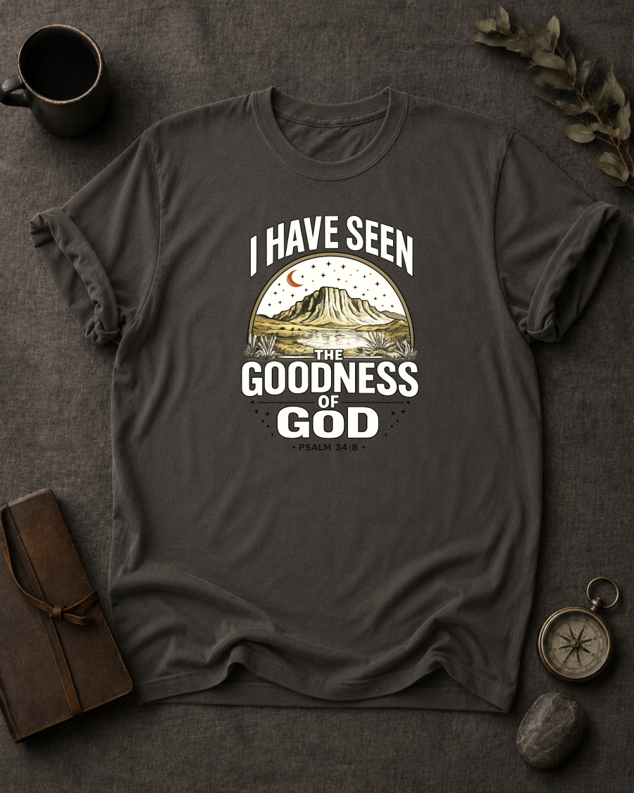 Pepper Comfort Colors t-shirt with 'I Have Seen the Goodness of God' Christian design, Psalm 34:8