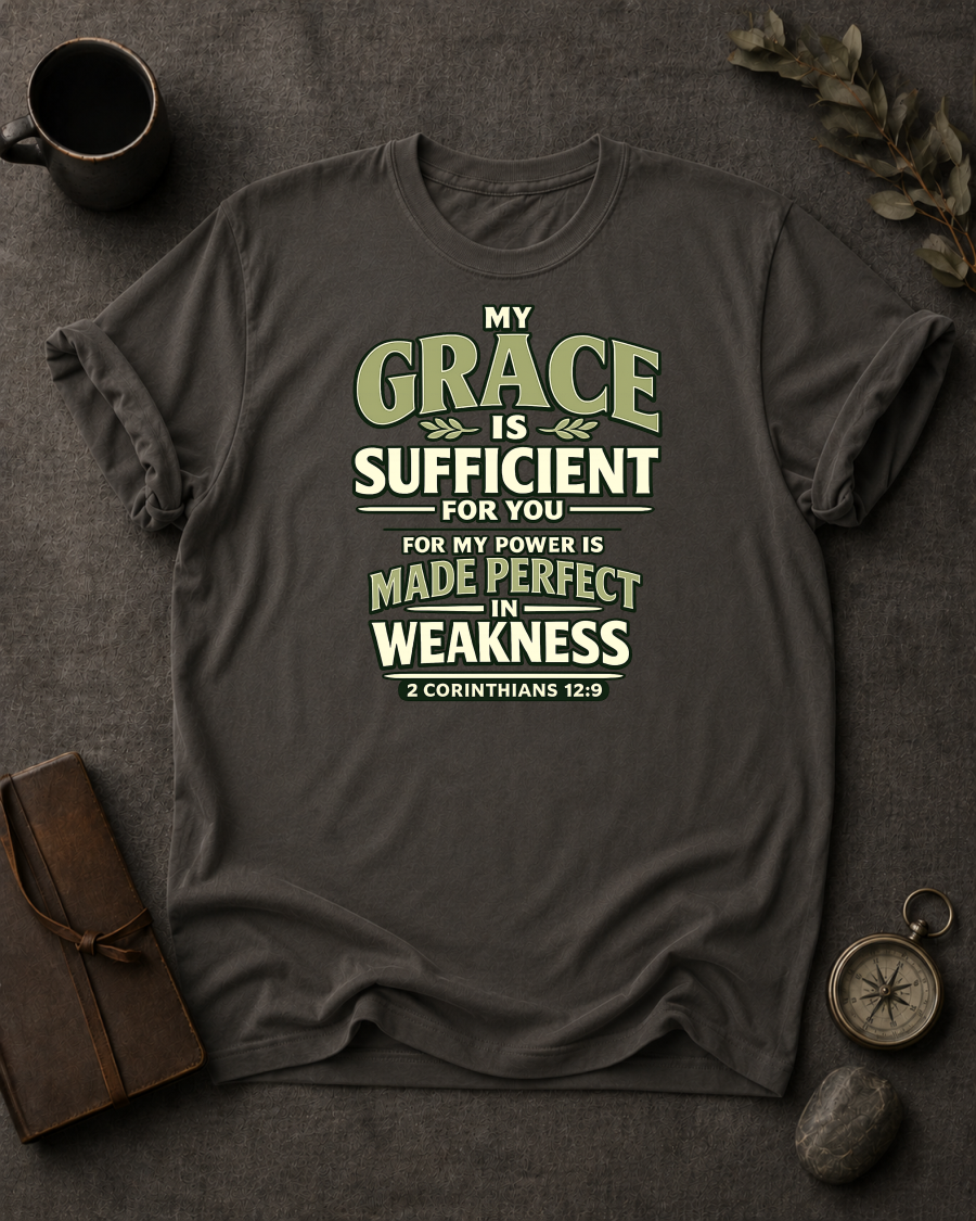 Pepper Comfort Colors t-shirt with 'My Grace Is Sufficient' Christian design, 2 Corinthians 12:9