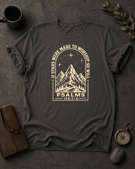 pepper Comfort Colors t-shirt with "If Stars Were Made to Worship So Will I" Psalm 148:3-6 starry mountain arch design