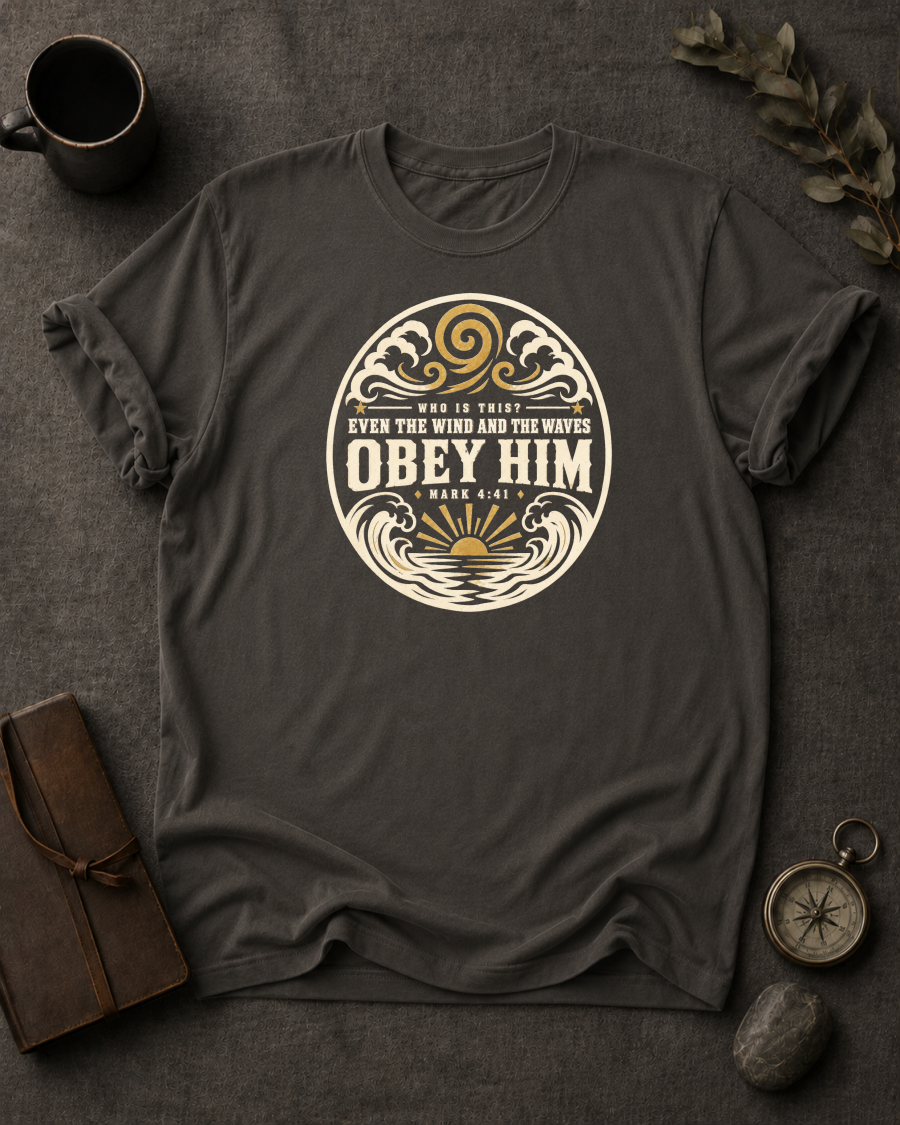 pepper Comfort Colors t-shirt with wave and sunrise design reading 'Who Is This? Even the Wind and the Waves Obey Him, Mark 4:41'