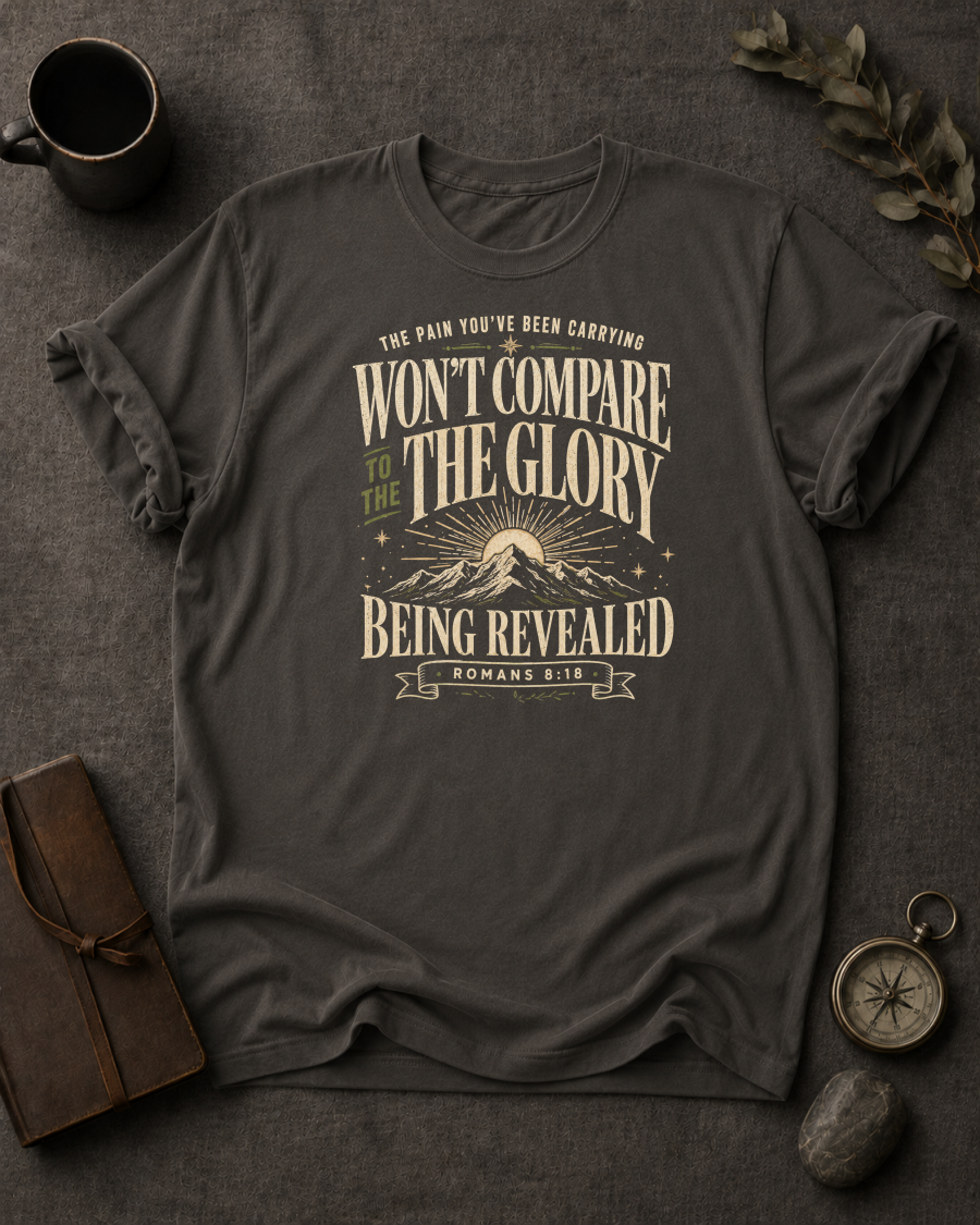 pepper Comfort Colors t-shirt with mountain sunrise design and Romans 8:18 — 'Won't compare to the glory being revealed