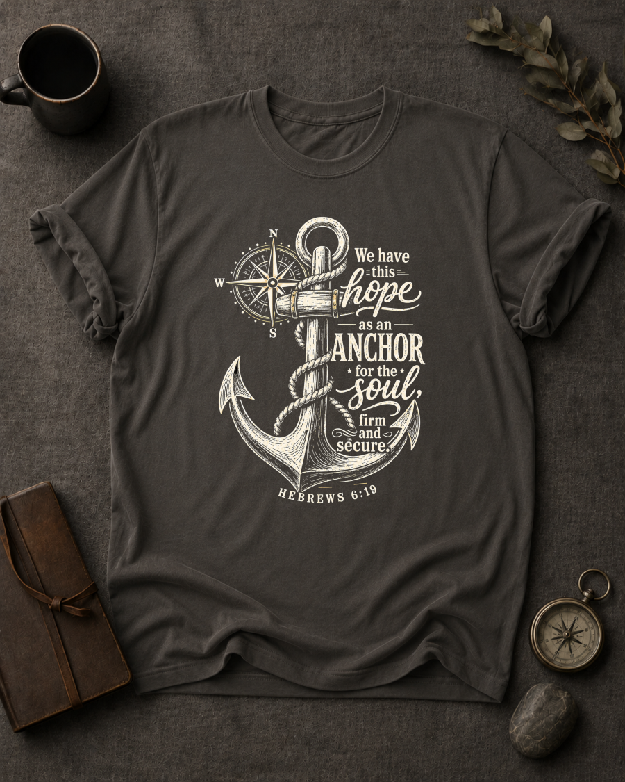 pepper Comfort Colors t-shirt with navy anchor and compass design, Hebrews 6:19 — 'We have this hope as an anchor for the soul'