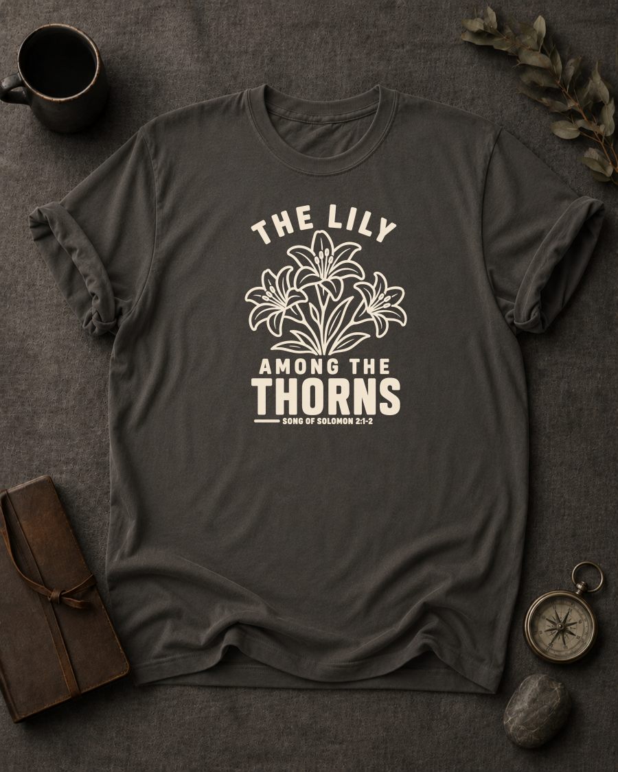 pepper Comfort Colors t-shirt with "The Lily Among the Thorns" Song of Solomon 2:1-2 lily flower design in Bay colorway, styled with coffee mug, compass, and leather journal