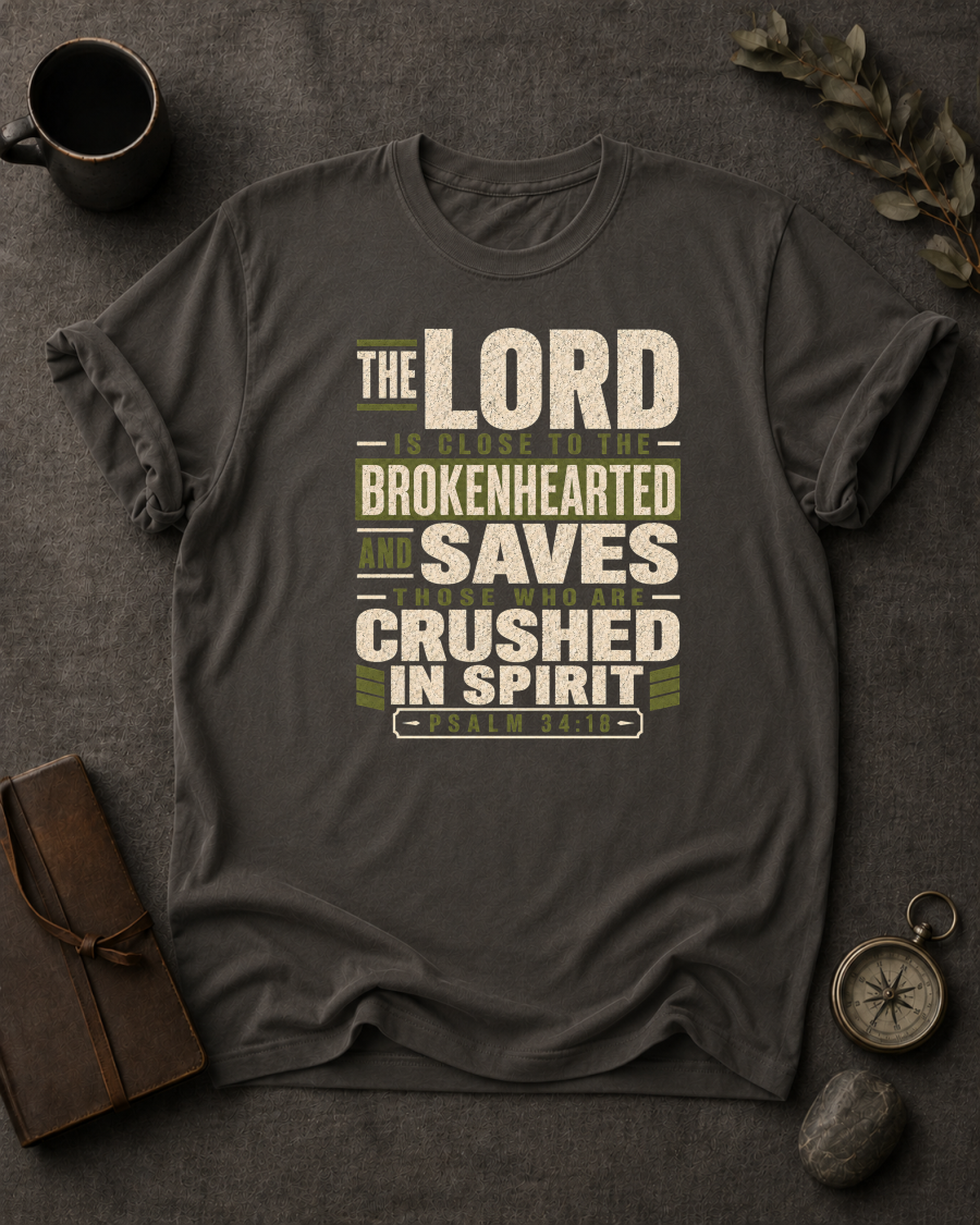 pepper Comfort Colors t-shirt with navy and olive Psalm 34:18 typography design — 'The Lord is close to the brokenhearted'"