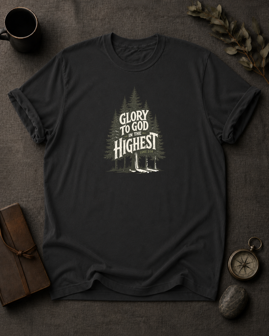pepper Comfort Colors t-shirt with pine forest illustration reading 'Glory to God in the Highest, Luke 2:14'"