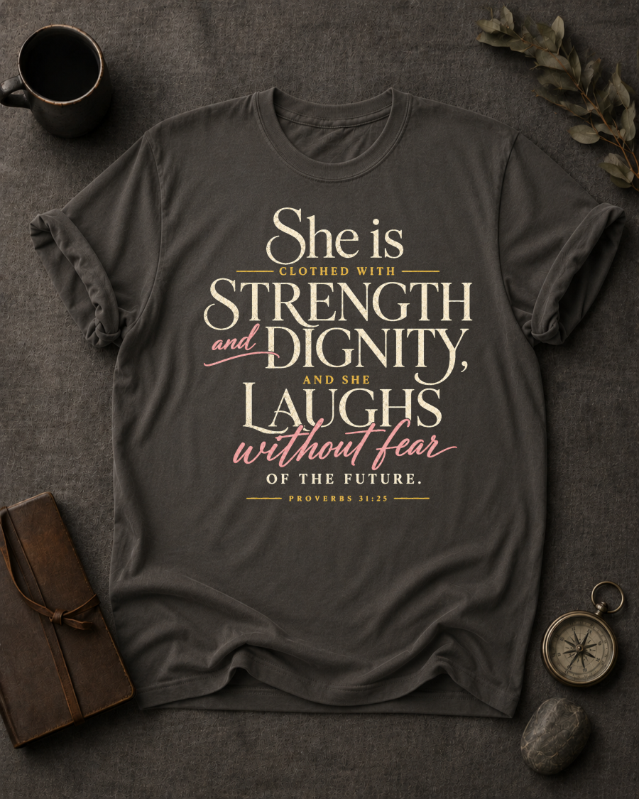Proverbs 31:25 (She Is Clothed) Christian T-Shirt in Pepper - Comfort Colors 1717