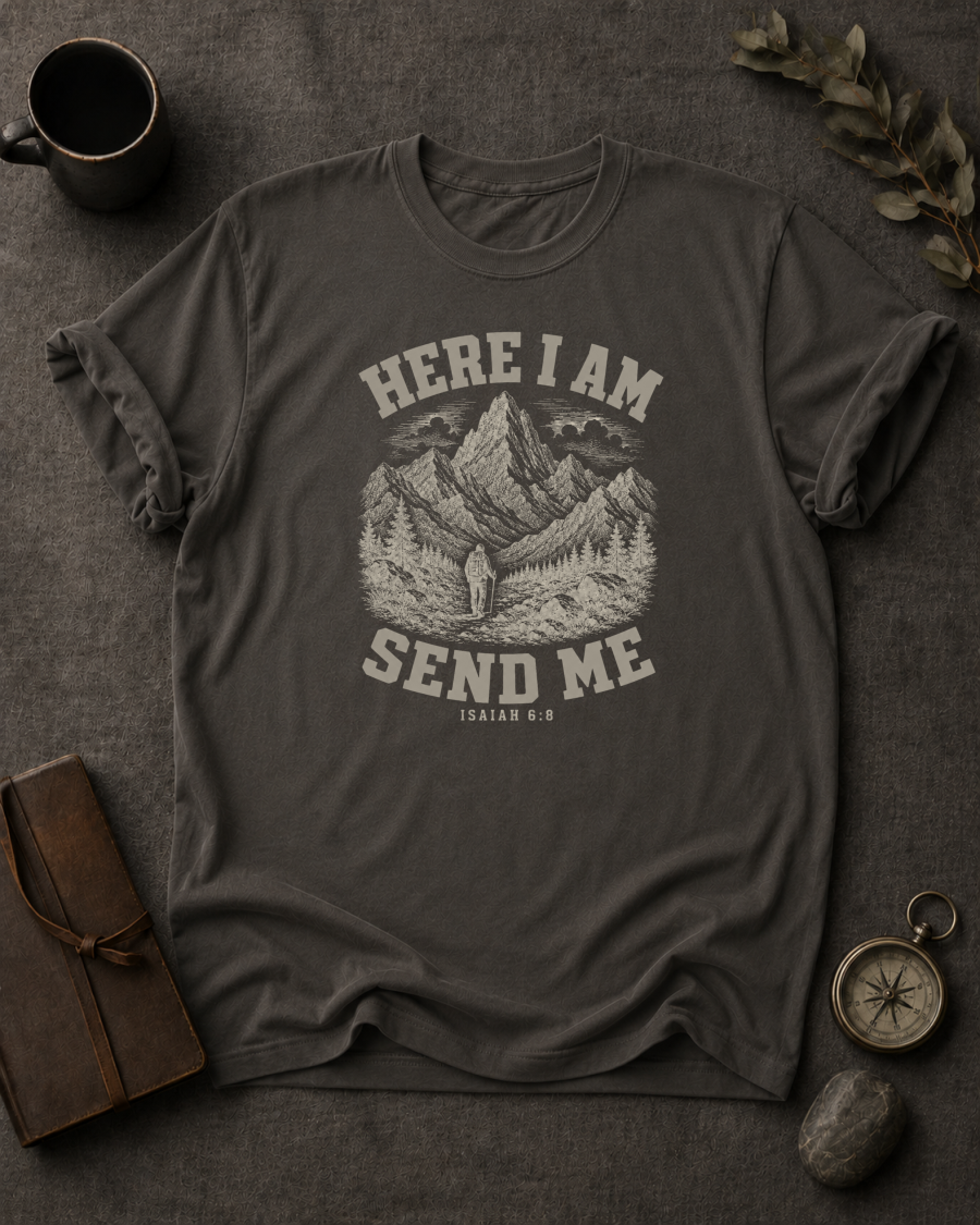 Pepper Comfort Colors t-shirt with 'Here I Am Send Me' Christian design, Isaiah 6:8