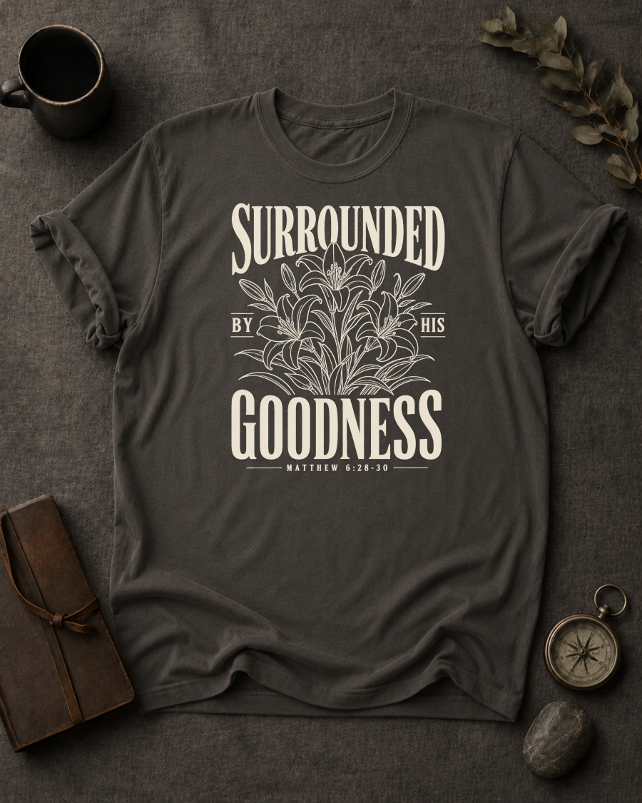 Surrounded By His Goodness | Matthew 6:28-30 Christian T-Shirt
