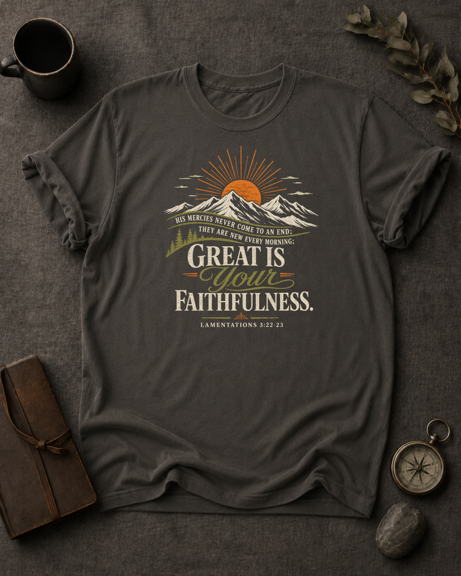 pepper Comfort Colors t-shirt with sunrise mountain design and Lamentations 3:22-23 — 'Great is your faithfulness