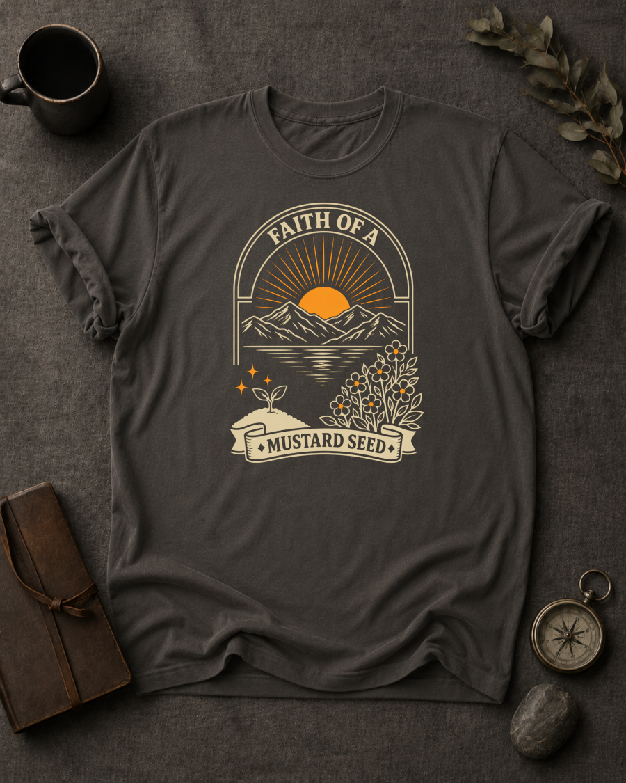 Faith of a Mustard Seed Christian t-shirt in Pepper – Matthew 17:20 back print design | To His Glory Club