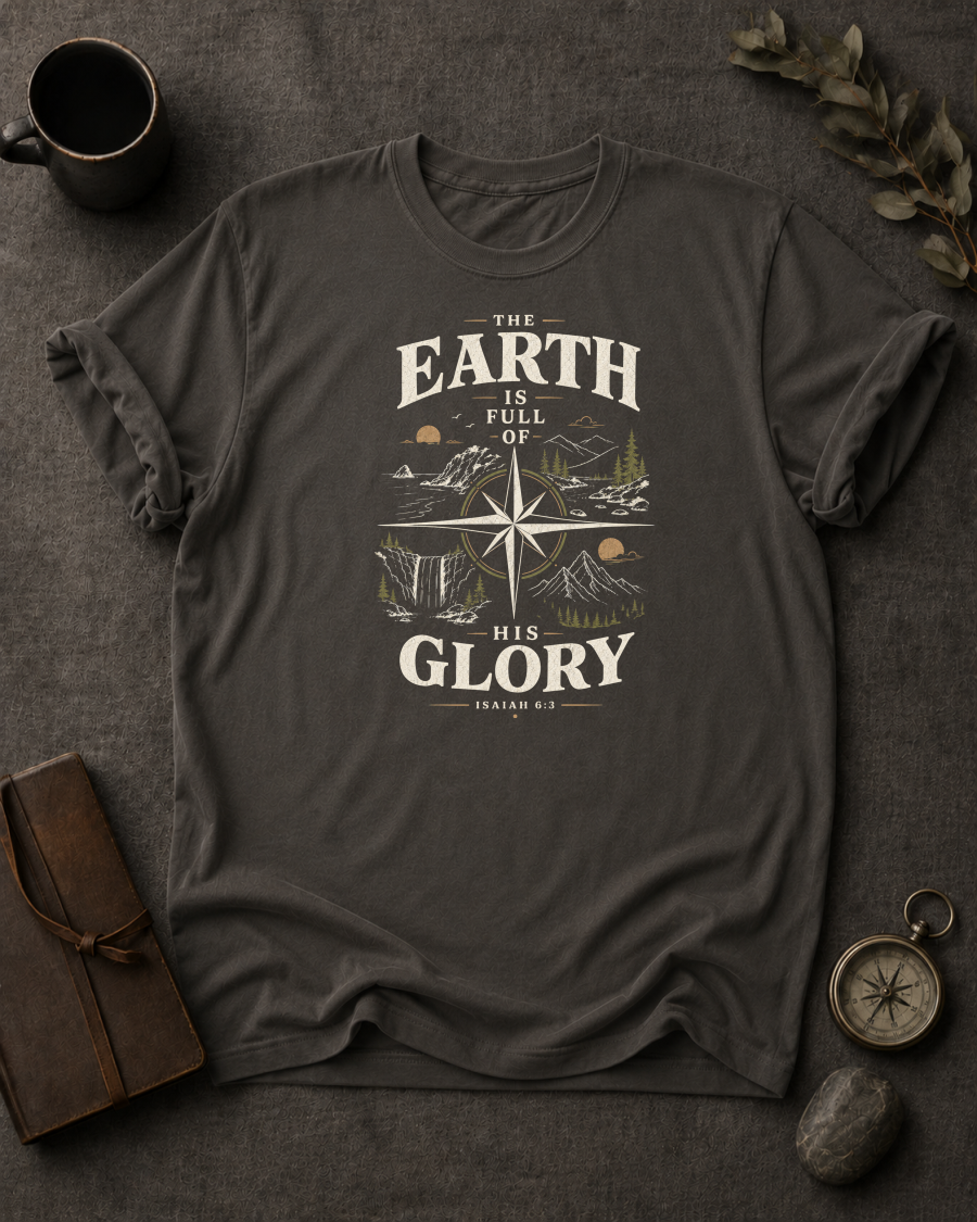 pepper Comfort Colors t-shirt with "The Earth Is Full of His Glory" Isaiah 6:3 compass rose landscape design in Bay colorway, styled with coffee mug, compass, and leather journal