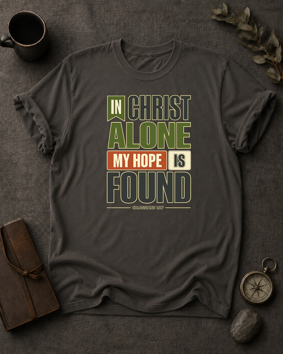 Pepper Comfort Colors t-shirt with 'In Christ Alone My Hope Is Found' Christian design, Colossians 1:27
